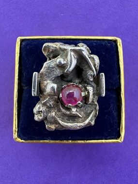 💛 Vintage Brutalist Sterling Silver Ruby Ring | Mid-Century Statement | Unique